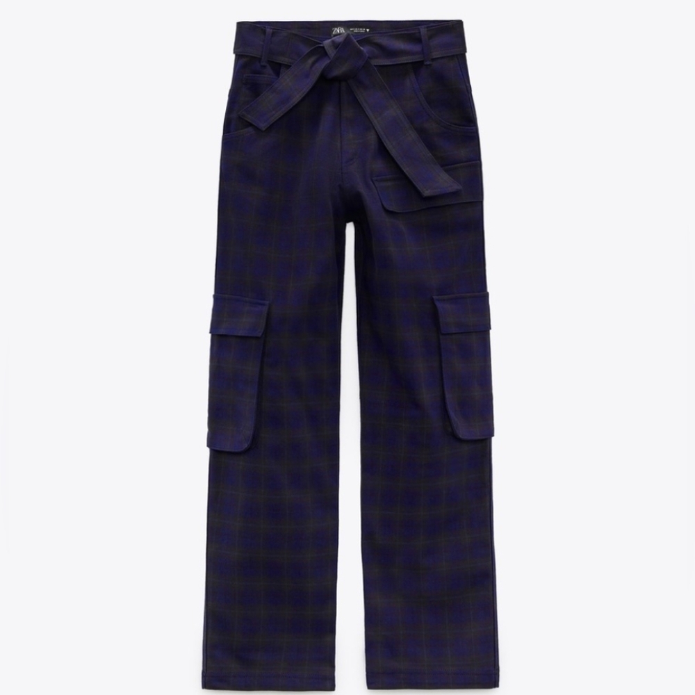 Zara Plaid Straight Leg Cargo Pants Belted High Rise Blue Brown Size Small S